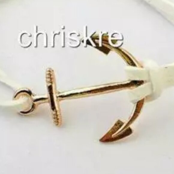 Suede Nautical Anchor Bracelet Island Ship Boat Leather Adjustable Gold Ivory - Picture 2 of 3